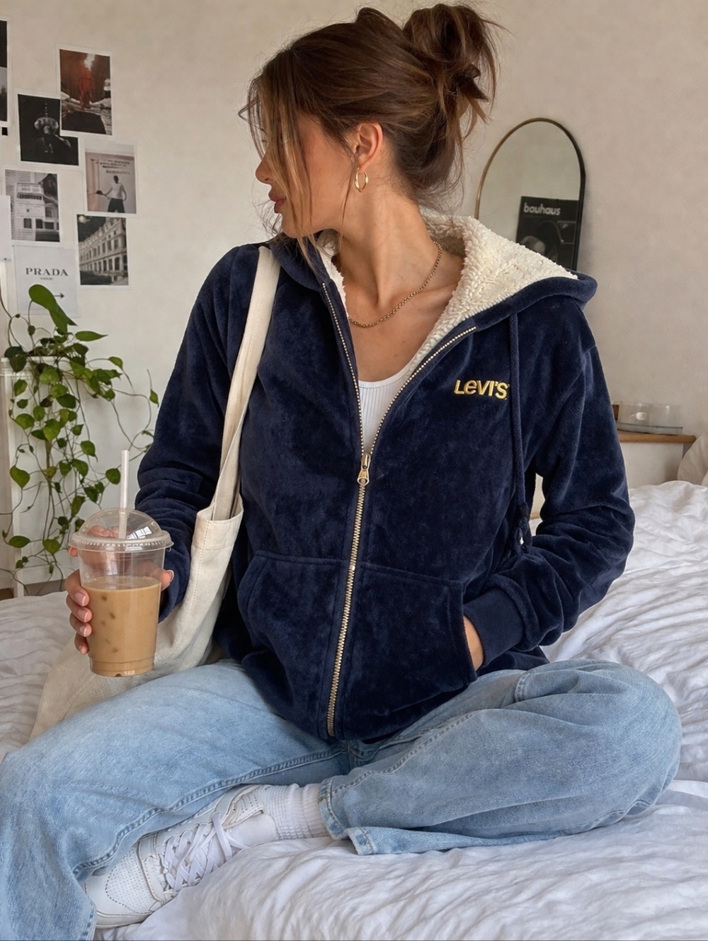 Levi’s Navy Velour Zip Hoodie XL | Y2K Cozy Sherpa Hood